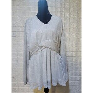 Grace Karin Blouse Womens L Silver White Sparkle Latern Sleeve V Neck Top NWT